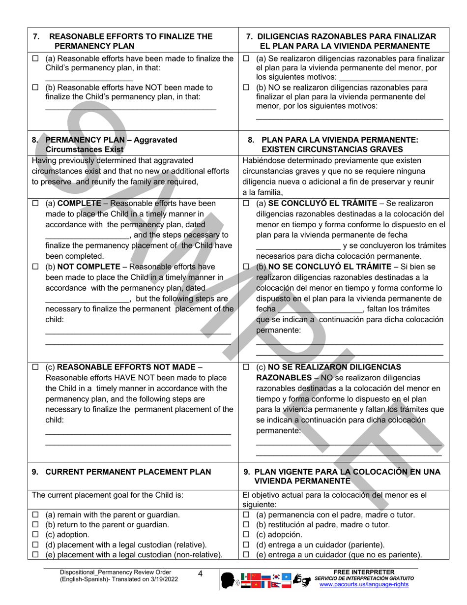 Dispositional / Permanency Review Order - Sample - Pennsylvania (English / Spanish), Page 4