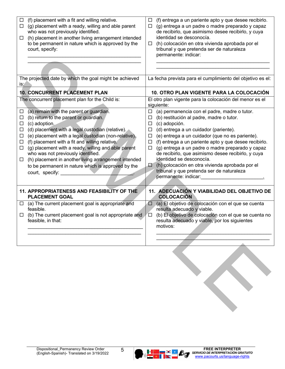 Dispositional / Permanency Review Order - Sample - Pennsylvania (English / Spanish), Page 5