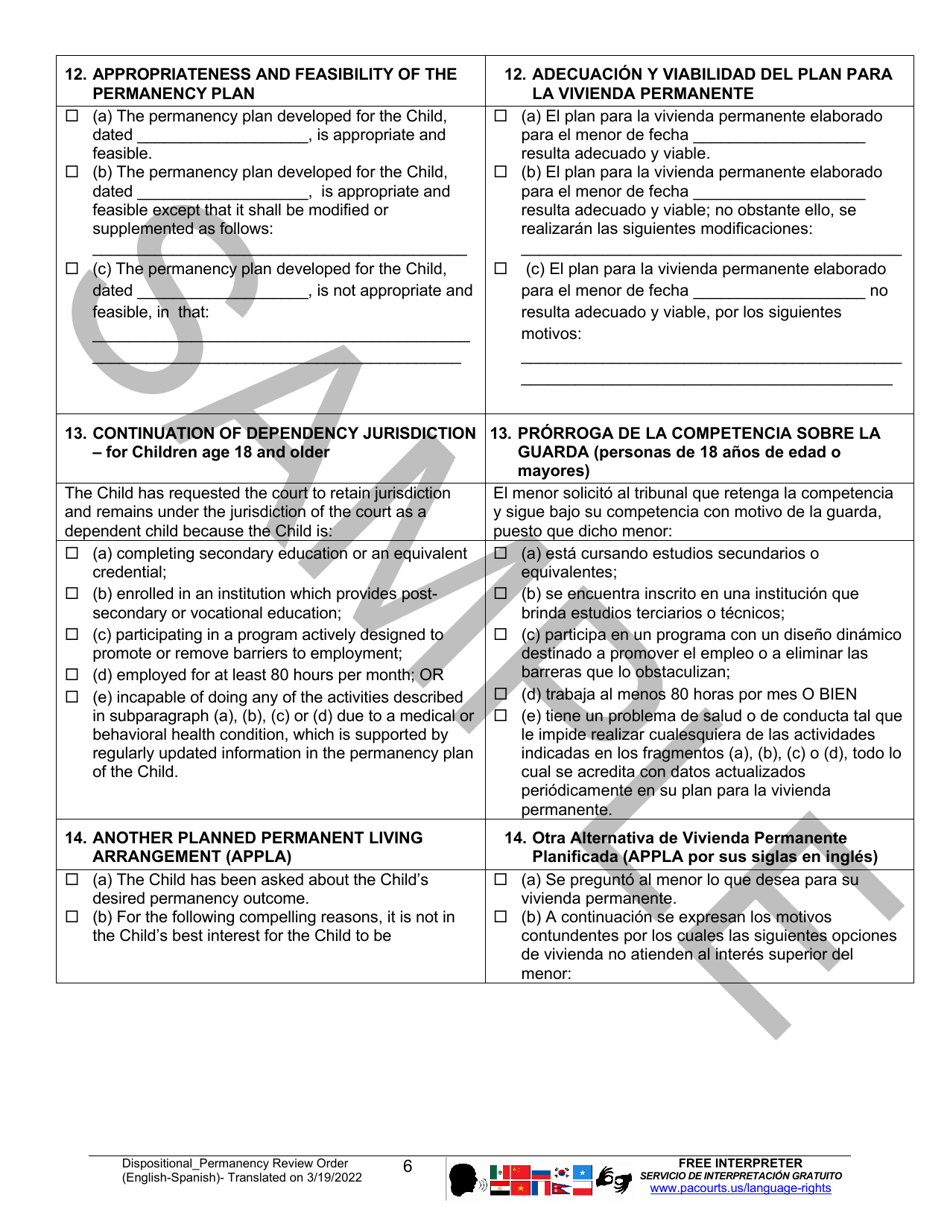 Dispositional / Permanency Review Order - Sample - Pennsylvania (English / Spanish), Page 6