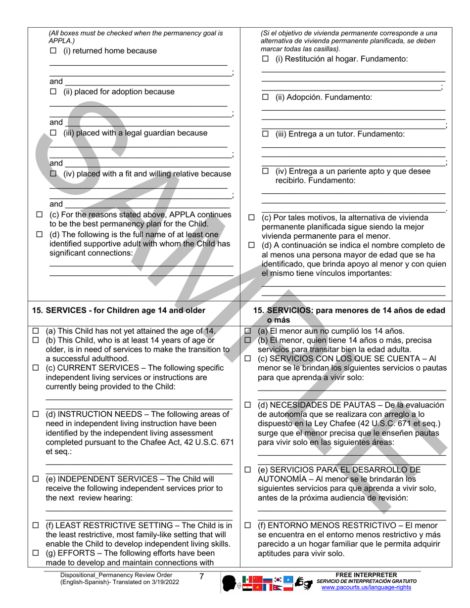 Dispositional / Permanency Review Order - Sample - Pennsylvania (English / Spanish), Page 7