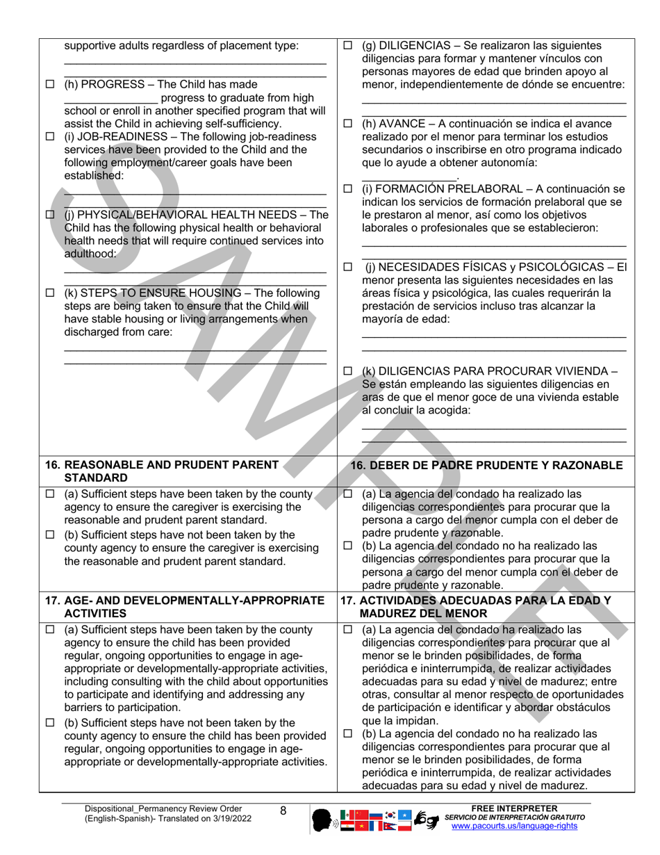Dispositional / Permanency Review Order - Sample - Pennsylvania (English / Spanish), Page 8