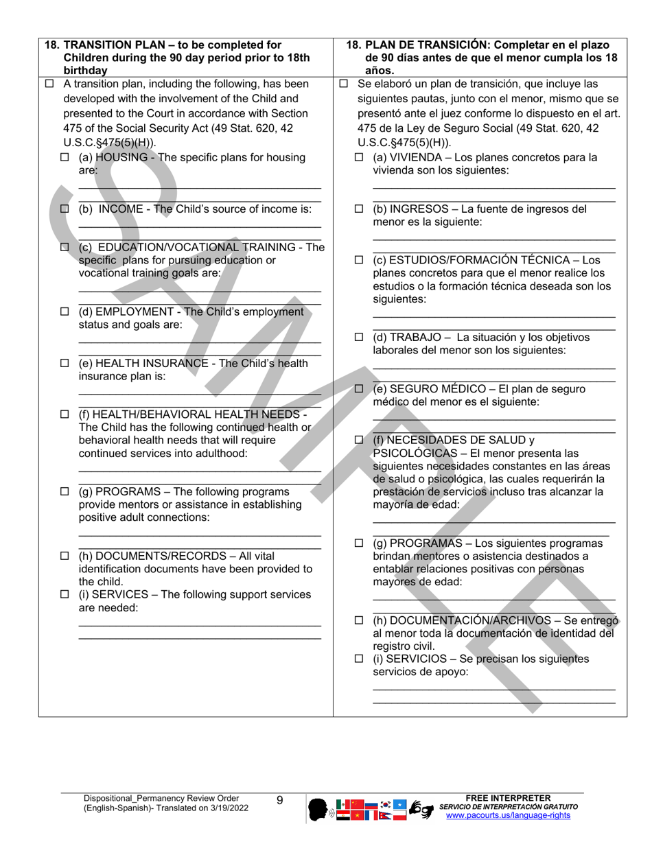 Dispositional / Permanency Review Order - Sample - Pennsylvania (English / Spanish), Page 9