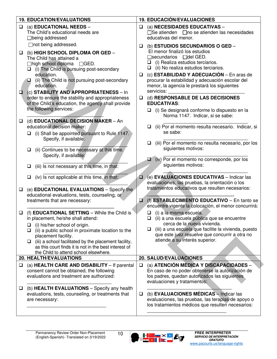 Permanency Review Order (Non-placement) - Sample - Pennsylvania (English / Spanish), Page 10