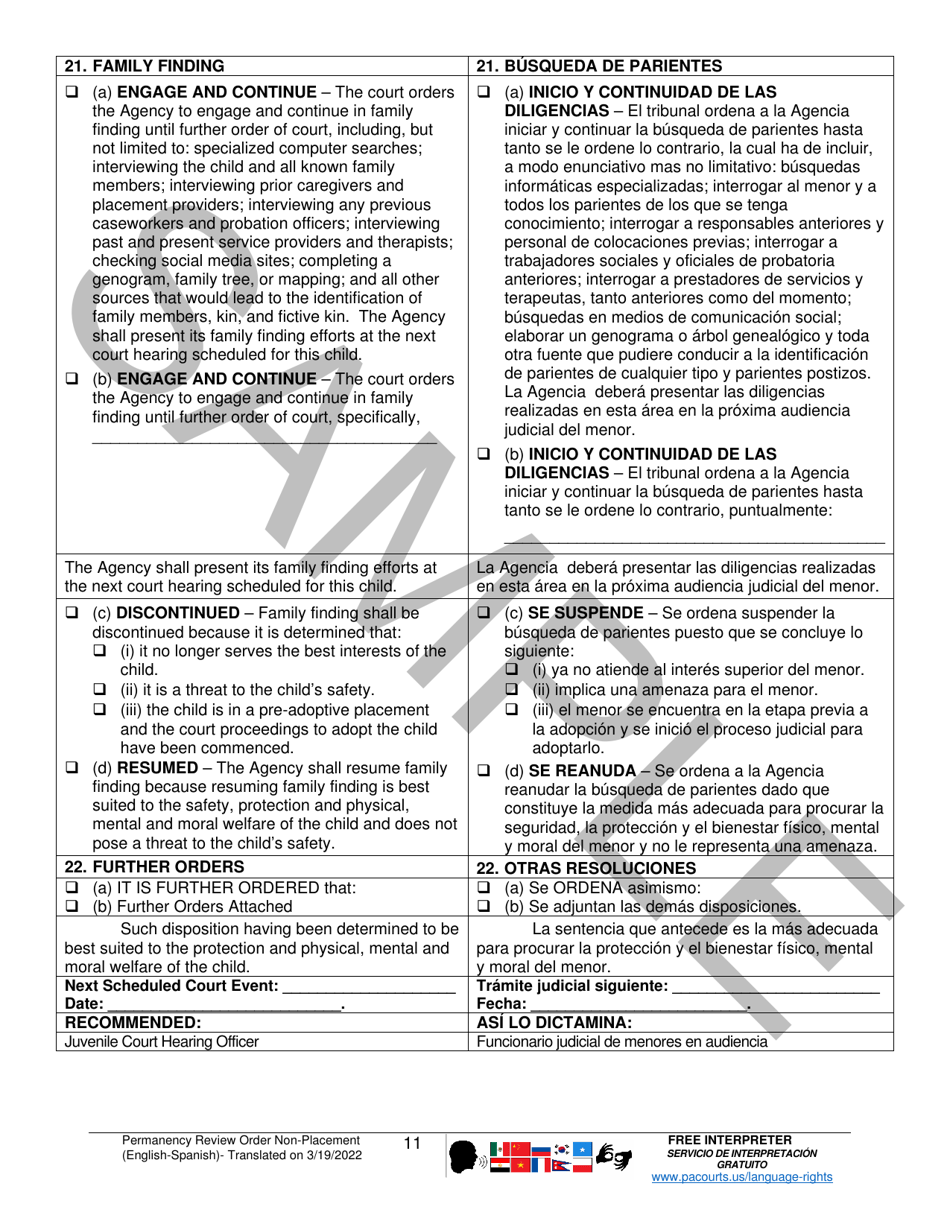 Permanency Review Order (Non-placement) - Sample - Pennsylvania (English / Spanish), Page 11