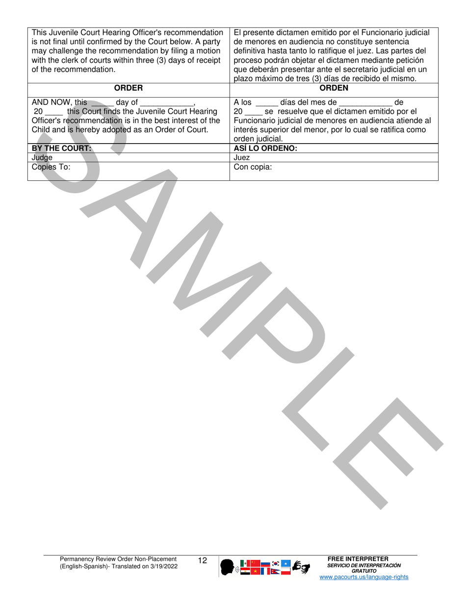 Permanency Review Order (Non-placement) - Sample - Pennsylvania (English / Spanish), Page 12