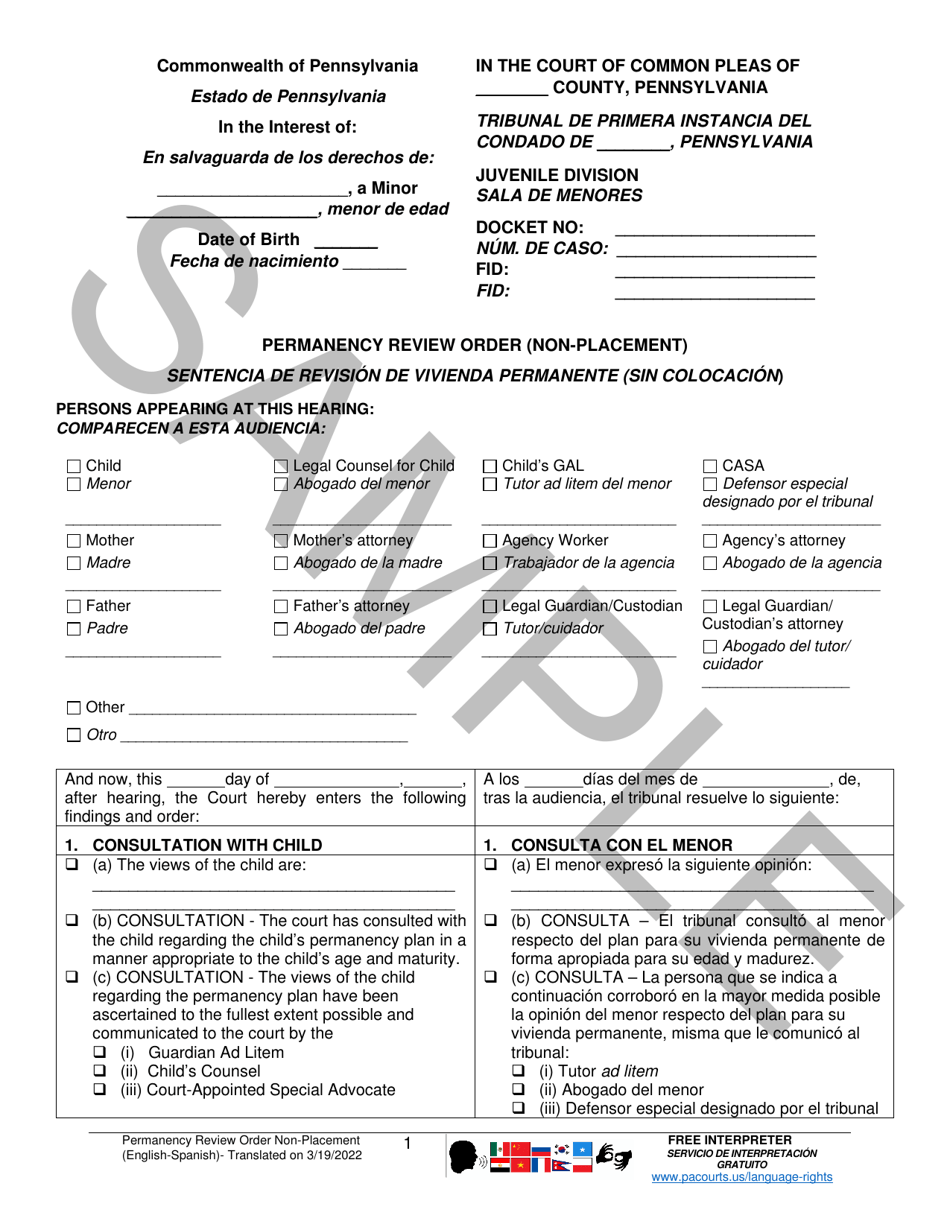 Permanency Review Order (Non-placement) - Sample - Pennsylvania (English / Spanish), Page 1