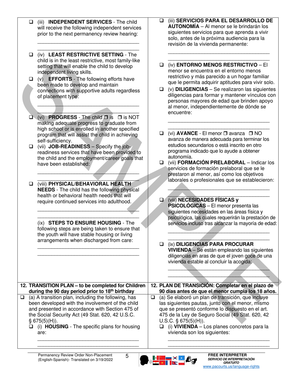 Permanency Review Order (Non-placement) - Sample - Pennsylvania (English / Spanish), Page 5