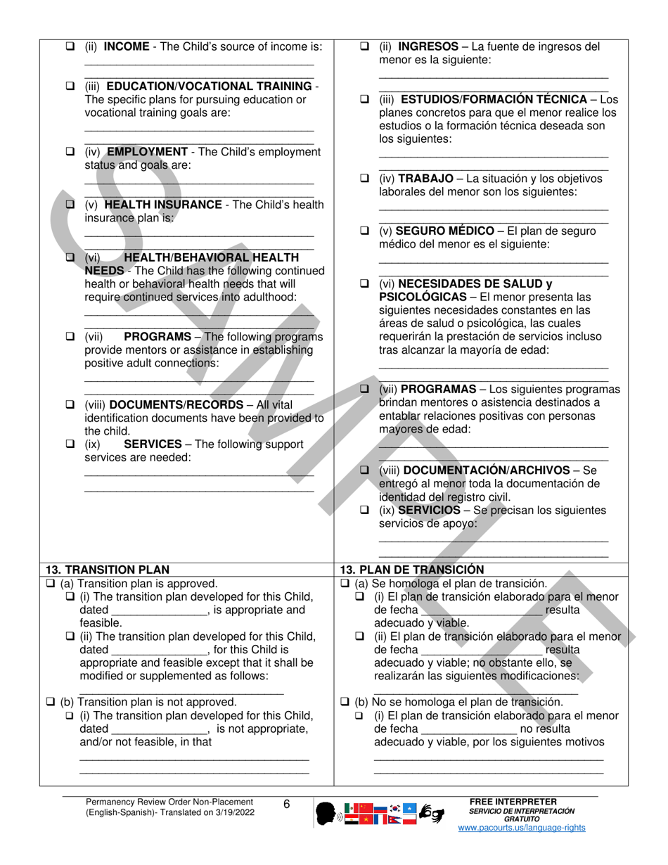 Permanency Review Order (Non-placement) - Sample - Pennsylvania (English / Spanish), Page 6