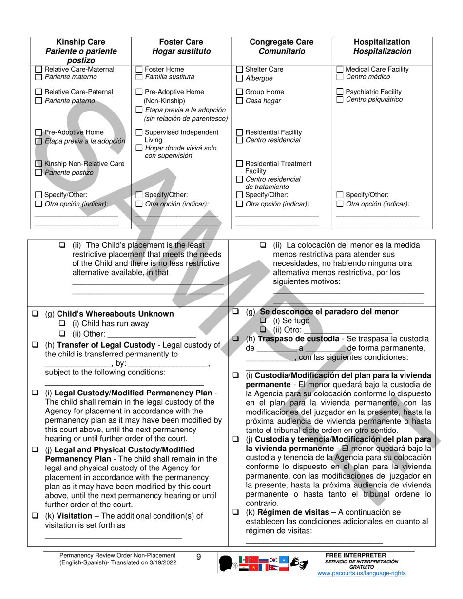 Permanency Review Order (Non-placement) - Sample - Pennsylvania (English / Spanish), Page 9