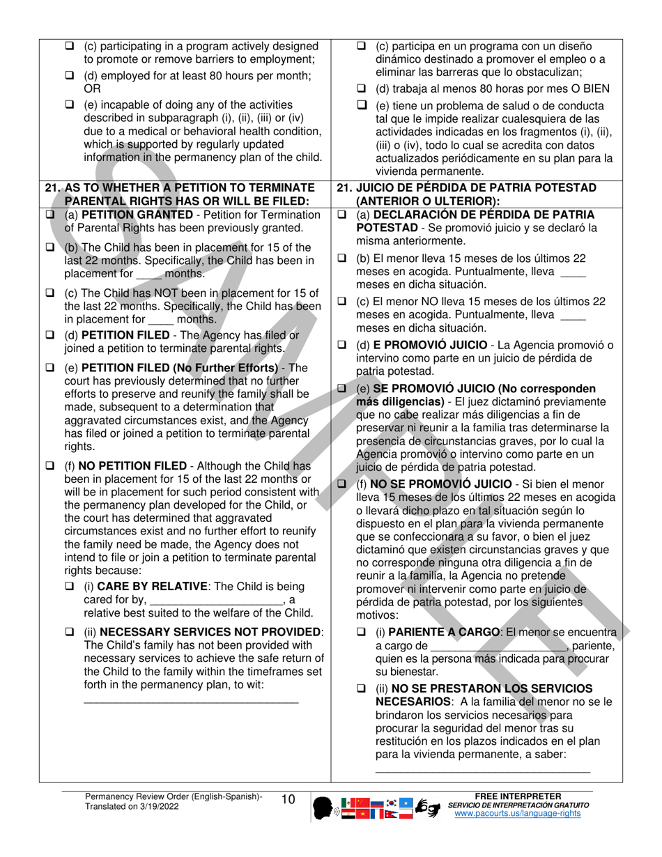 Permanency Review Order - Sample - Pennsylvania (English / Spanish), Page 10
