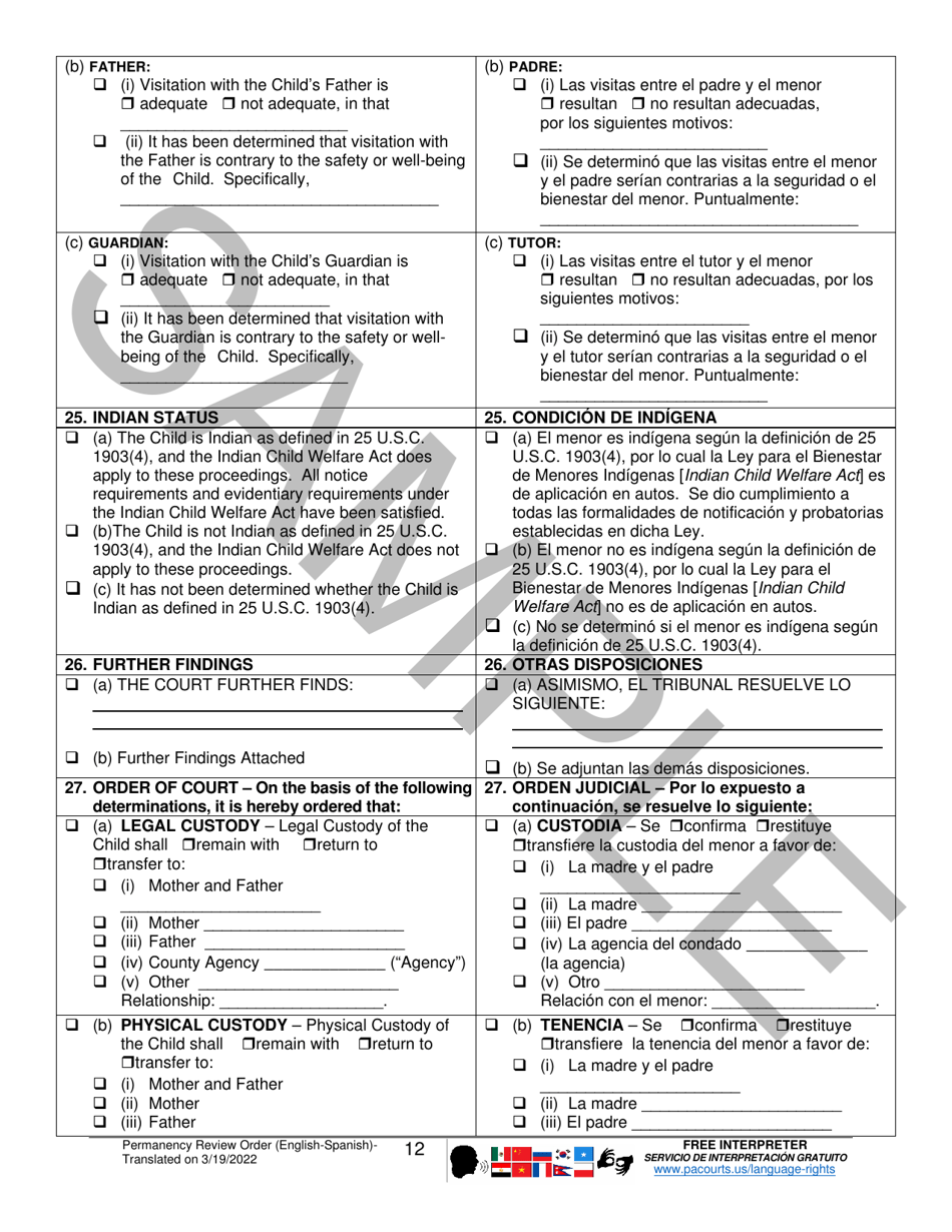Permanency Review Order - Sample - Pennsylvania (English / Spanish), Page 12