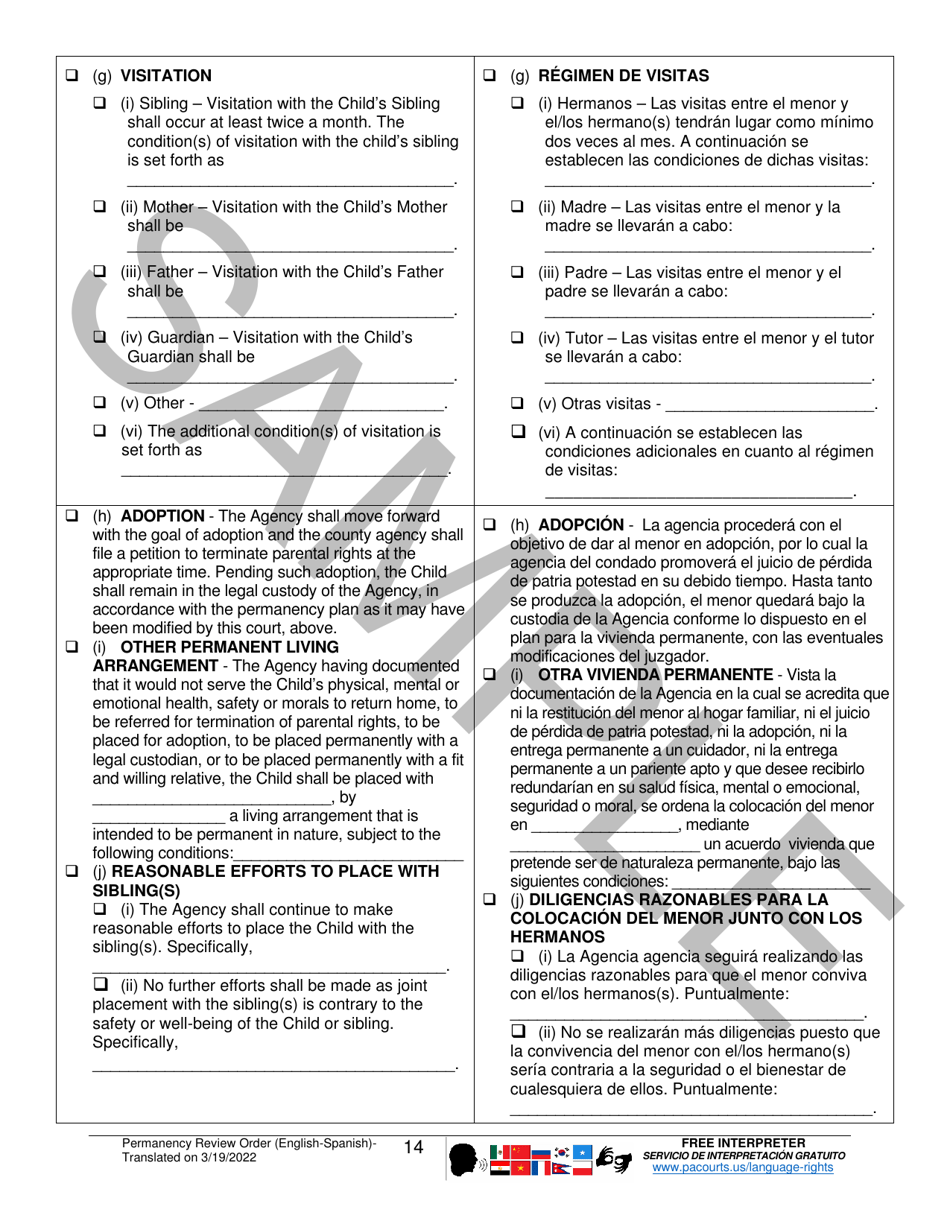 Permanency Review Order - Sample - Pennsylvania (English / Spanish), Page 14