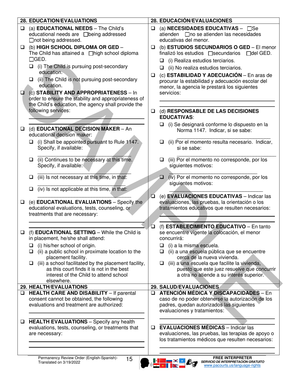 Permanency Review Order - Sample - Pennsylvania (English / Spanish), Page 15