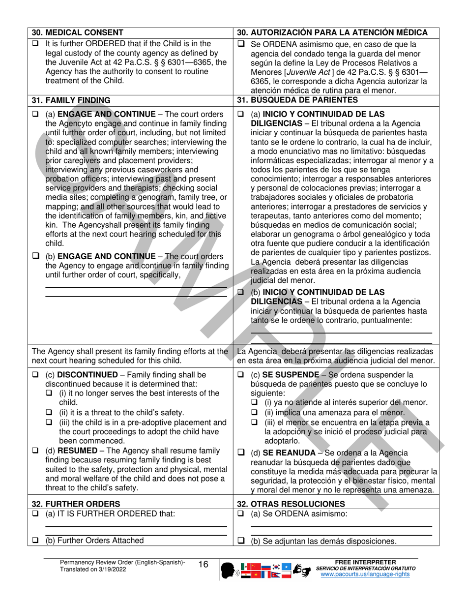 Permanency Review Order - Sample - Pennsylvania (English / Spanish), Page 16