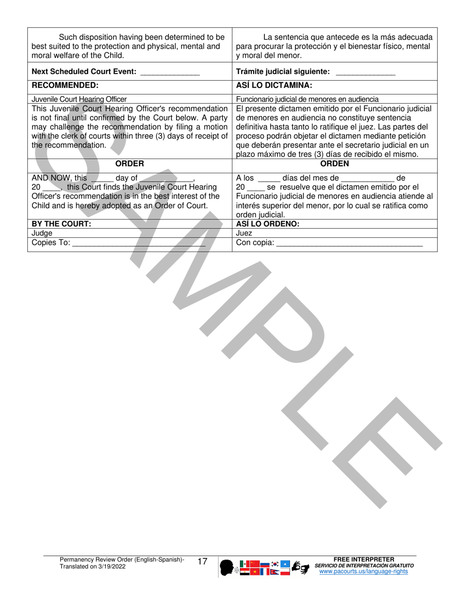 Permanency Review Order - Sample - Pennsylvania (English / Spanish), Page 17