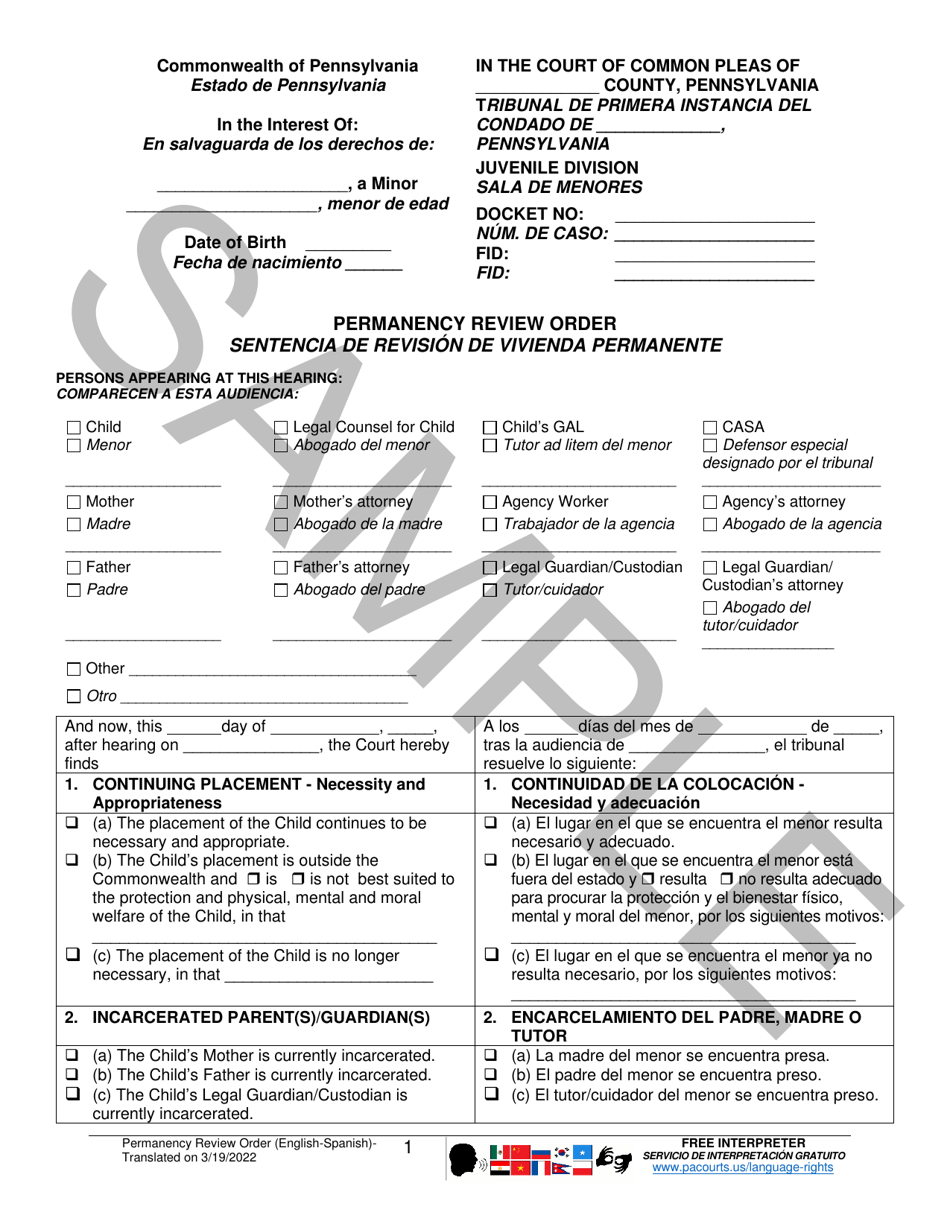 Permanency Review Order - Sample - Pennsylvania (English / Spanish), Page 1