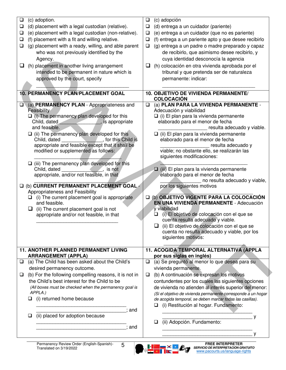 Permanency Review Order - Sample - Pennsylvania (English / Spanish), Page 5