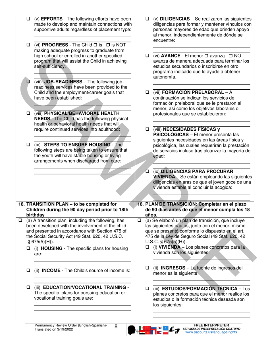 Permanency Review Order - Sample - Pennsylvania (English / Spanish), Page 8