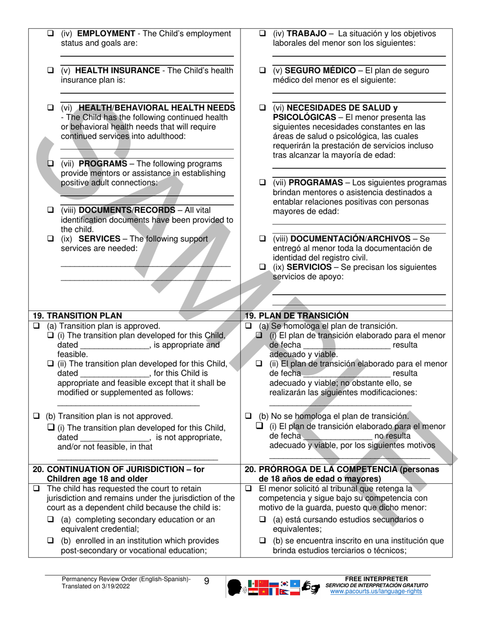 Permanency Review Order - Sample - Pennsylvania (English / Spanish), Page 9