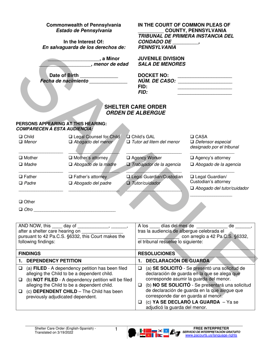 Shelter Care Order - Sample - Pennsylvania (English / Spanish), Page 1