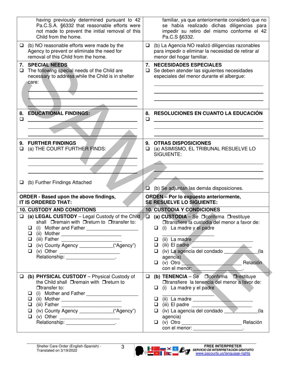 Shelter Care Order - Sample - Pennsylvania (English / Spanish), Page 3
