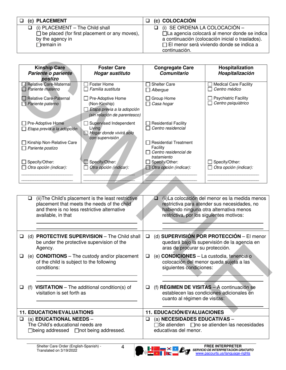 Shelter Care Order - Sample - Pennsylvania (English / Spanish), Page 4