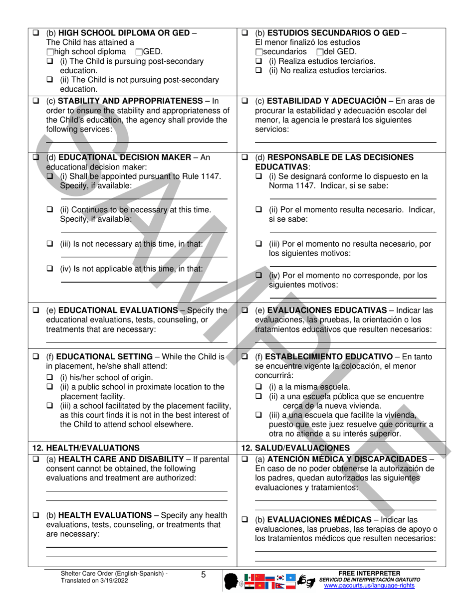 Shelter Care Order - Sample - Pennsylvania (English / Spanish), Page 5