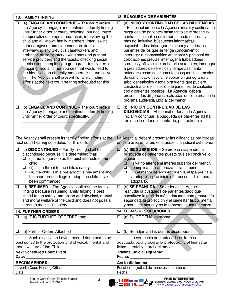 Shelter Care Order - Sample - Pennsylvania (English / Spanish), Page 6