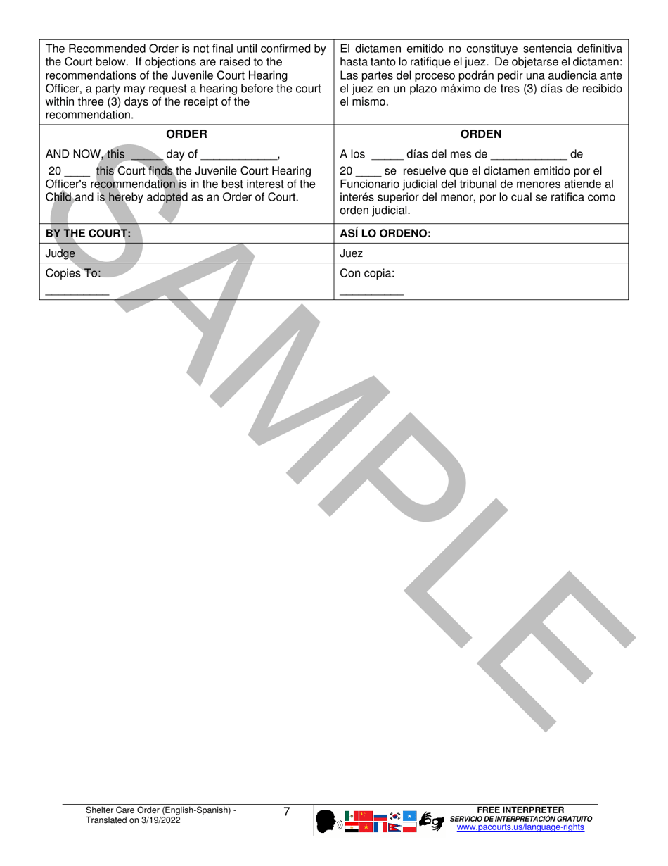 Shelter Care Order - Sample - Pennsylvania (English / Spanish), Page 7