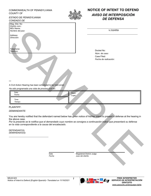 Form MDJS623 Notice of Intent to Defend - Sample - Pennsylvania (English/Spanish)