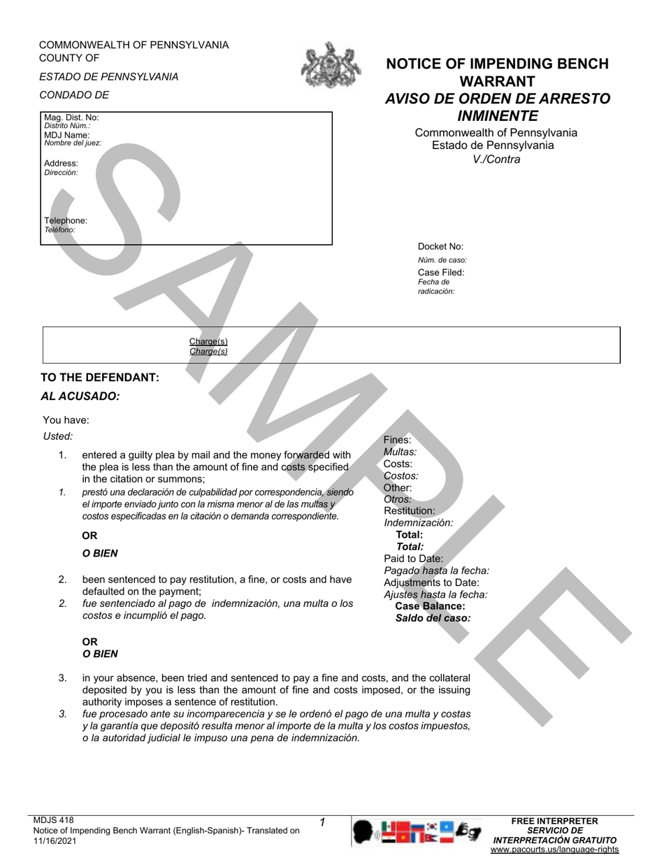 Form MDJS418 Notice of Impending Bench Warrant - Sample - Pennsylvania (English / Spanish), Page 1