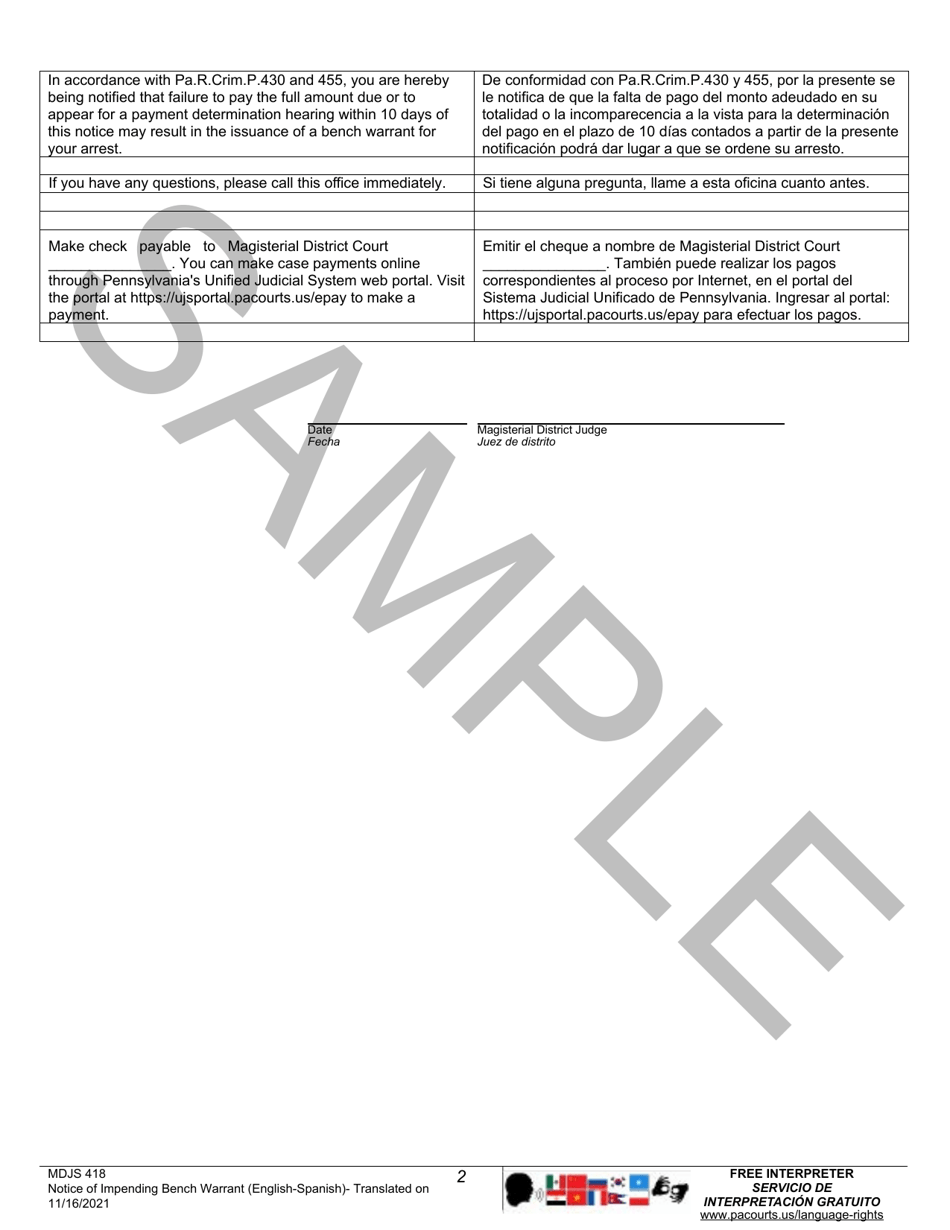 Form MDJS418 Notice of Impending Bench Warrant - Sample - Pennsylvania (English / Spanish), Page 2