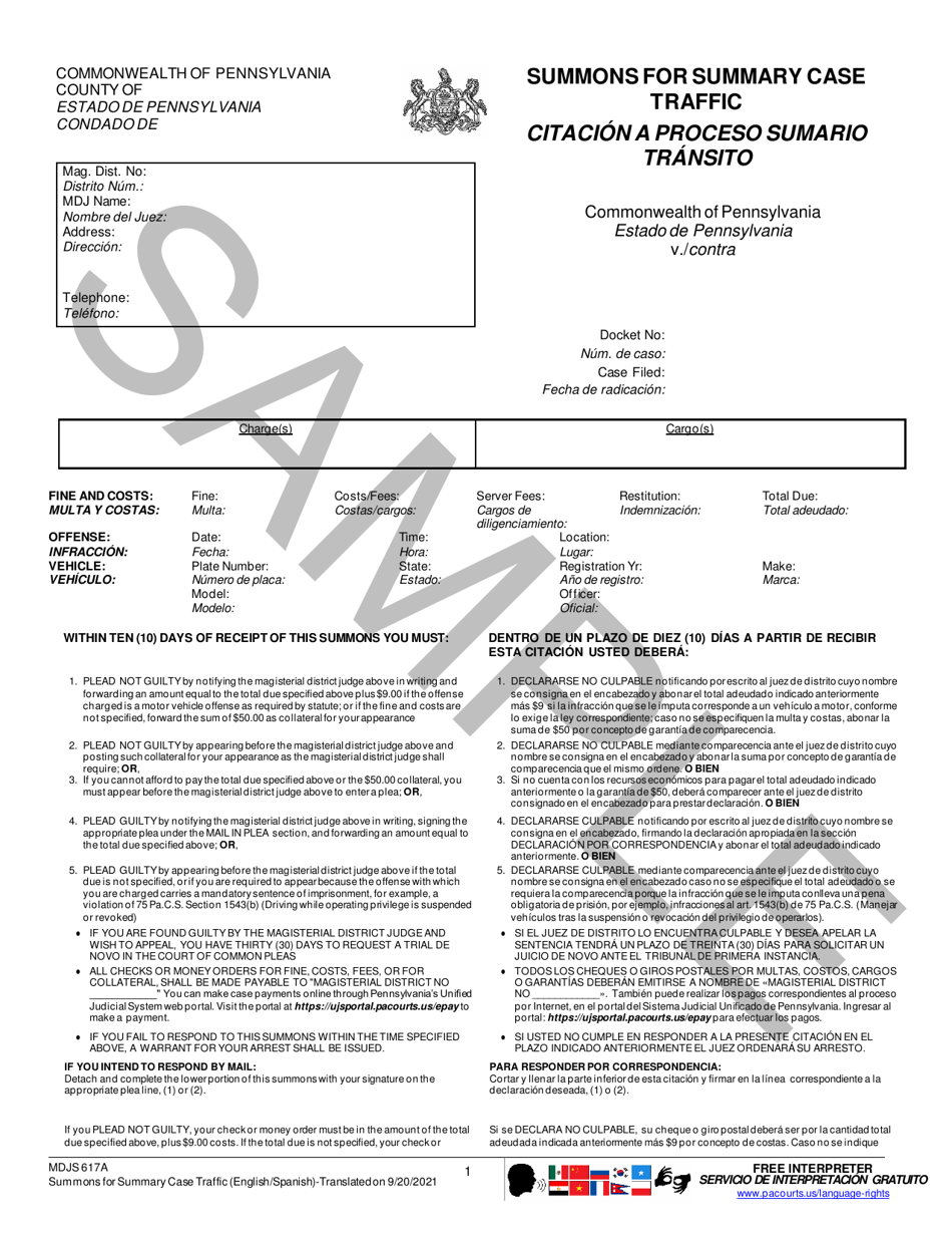 Form MDJS617A Summons for Summary Case Traffic - Sample - Pennsylvania (English / Spanish), Page 1