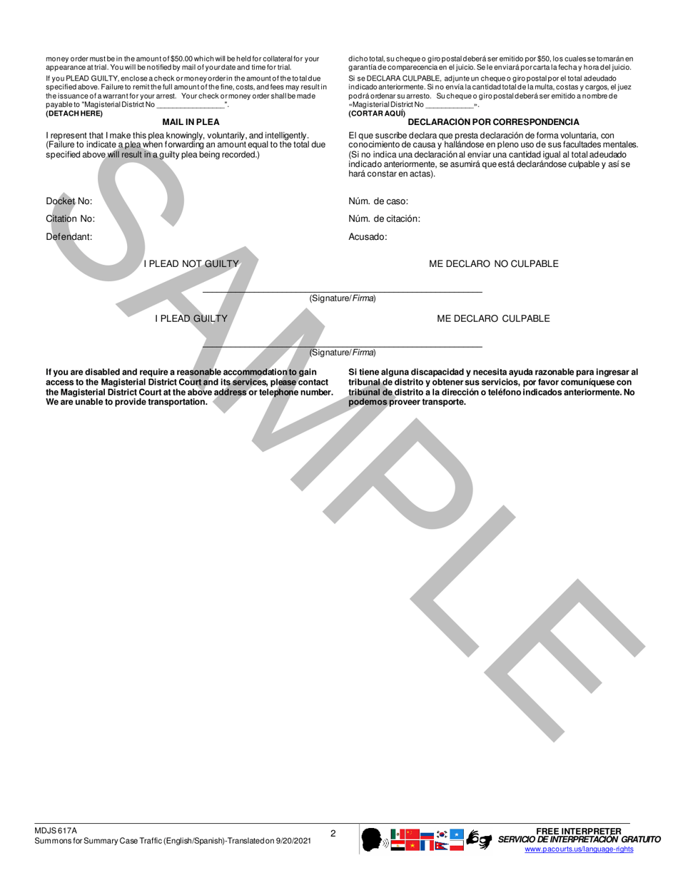 Form MDJS617A Summons for Summary Case Traffic - Sample - Pennsylvania (English / Spanish), Page 2