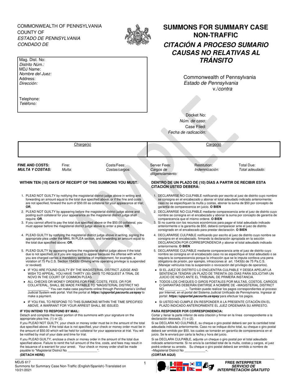 Form MDJS617 Summons for Summary Case Non-traffic - Sample - Pennsylvania (English / Spanish), Page 1