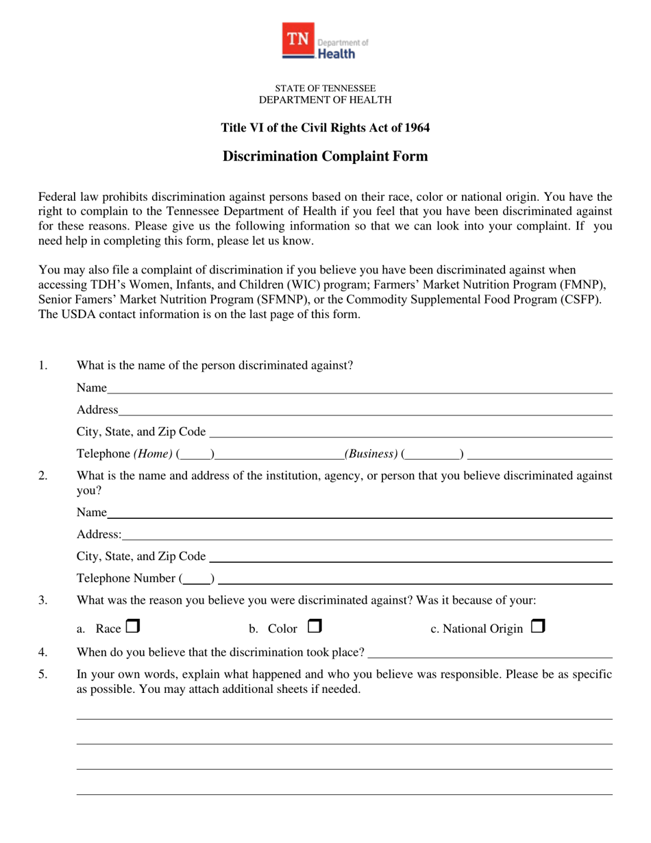 Form PH-3814 Discrimination Complaint Form - Tennessee, Page 1