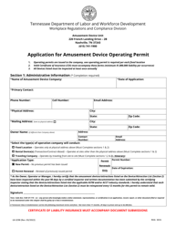 Form LB-3298 &quot;Application for Amusement Device Operating Permit&quot; - Tennessee