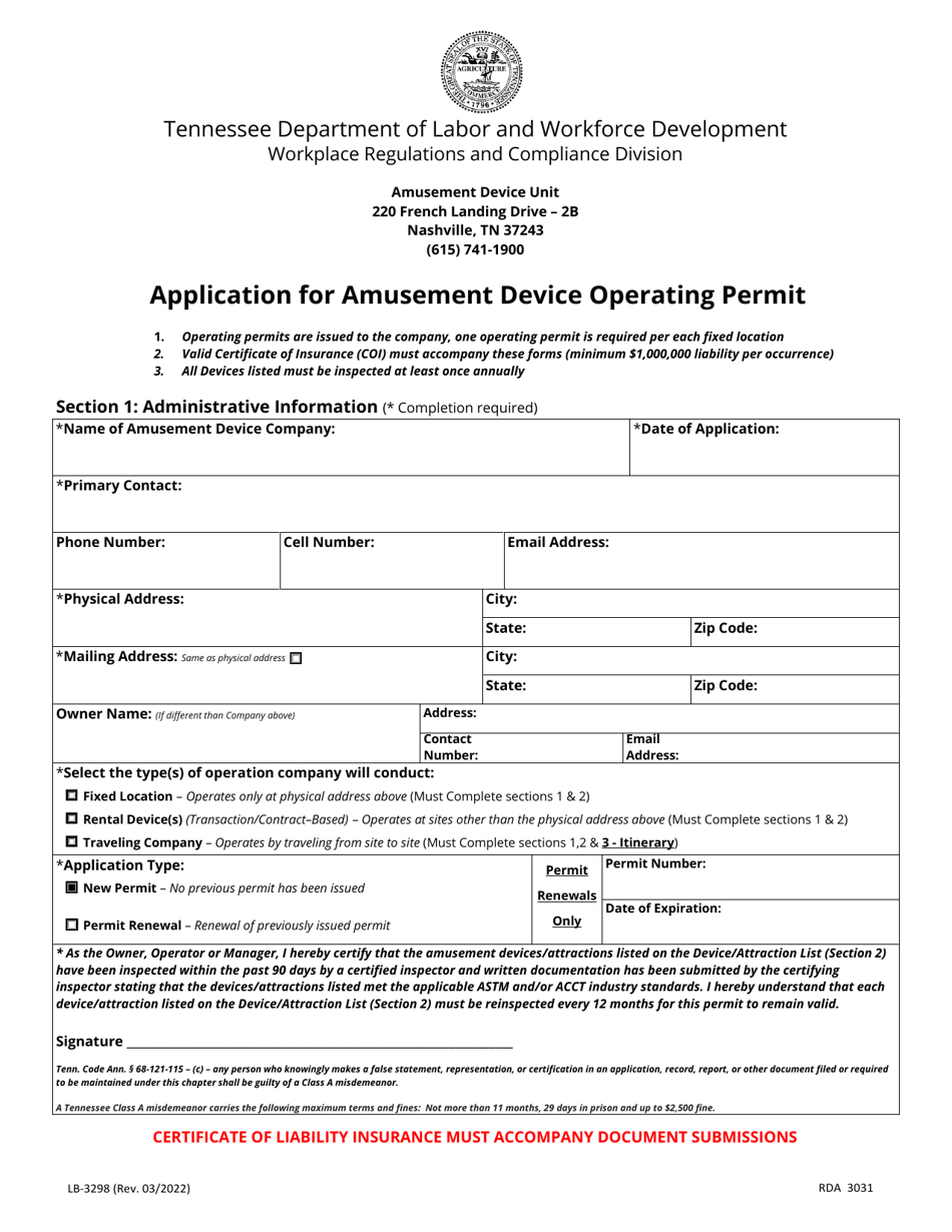 Form LB-3298 Application for Amusement Device Operating Permit - Tennessee, Page 1