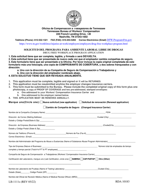 Form LB-1111 Drug Free Workplace Program Application - Tennessee (English/Spanish)