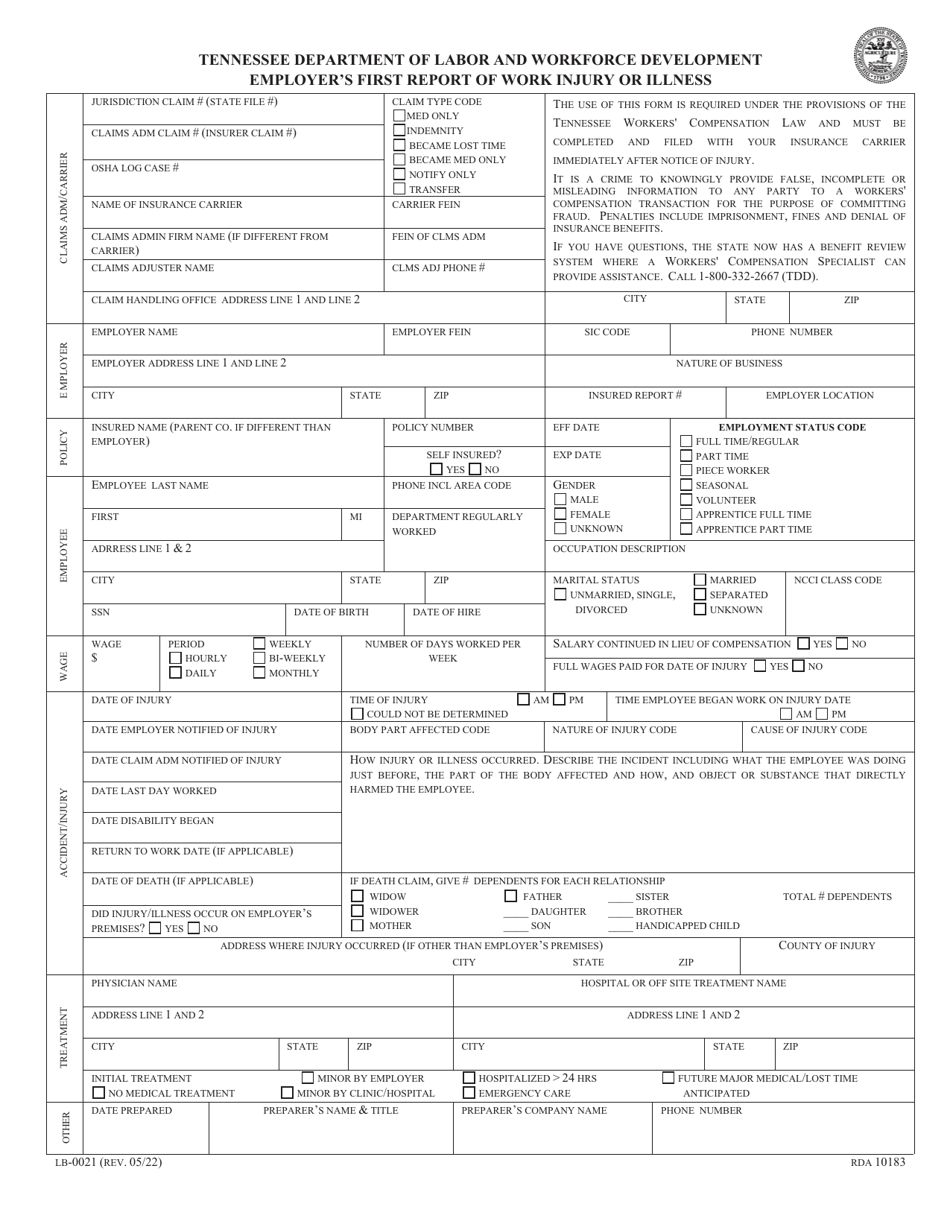 Form C-20 (LB-0021) Employers First Report of Work Injury or Illness - Tennessee, Page 1