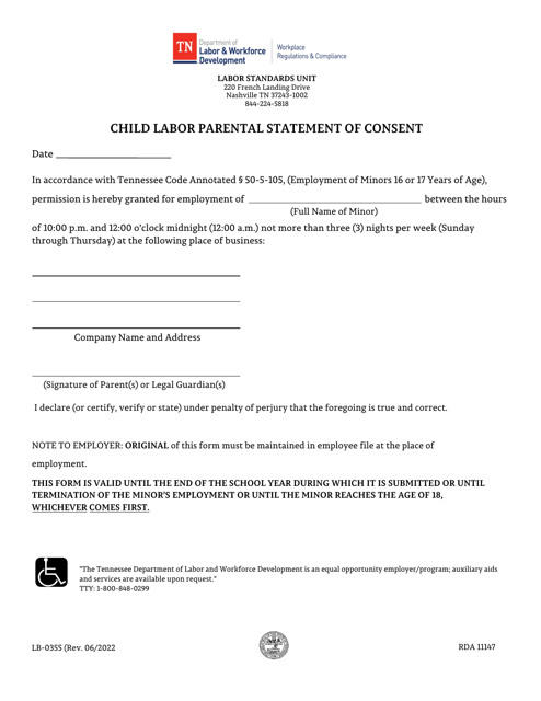 Form LB-0355 Child Labor Parental Statement of Consent - Tennessee