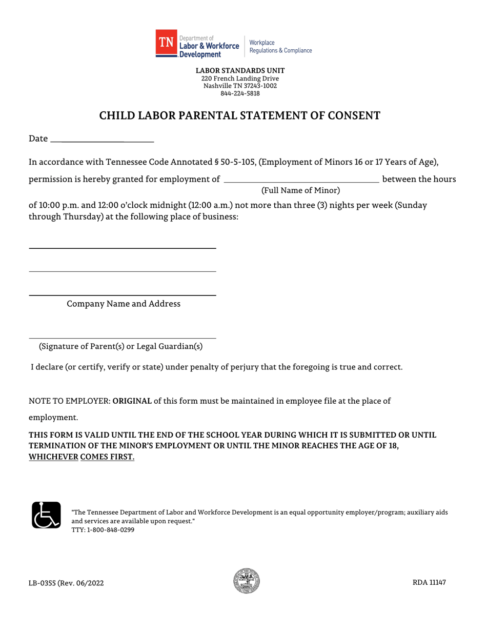 Form LB-0355 Child Labor Parental Statement of Consent - Tennessee, Page 1