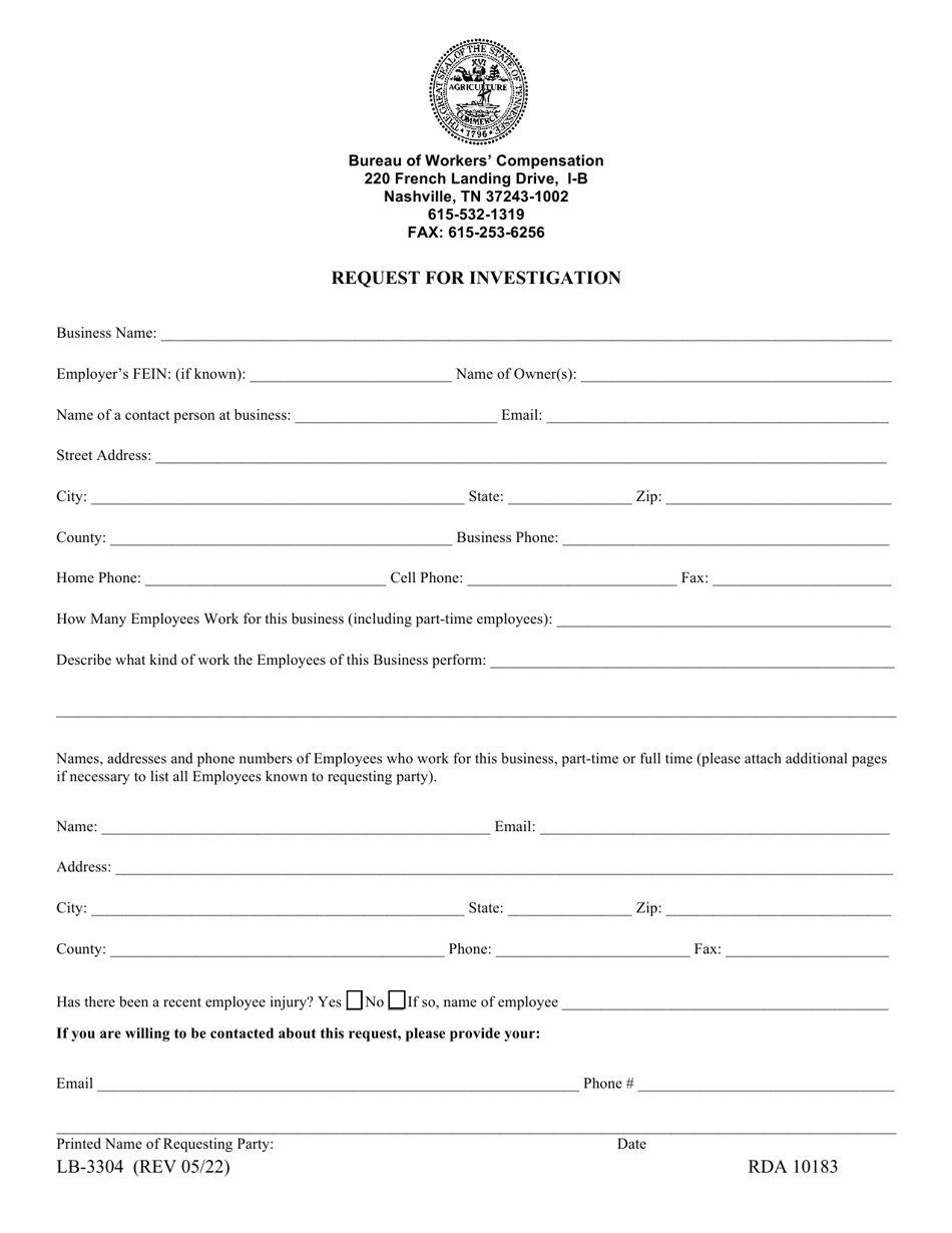 Form LB-3304 Request for Investigation - Tennessee, Page 1