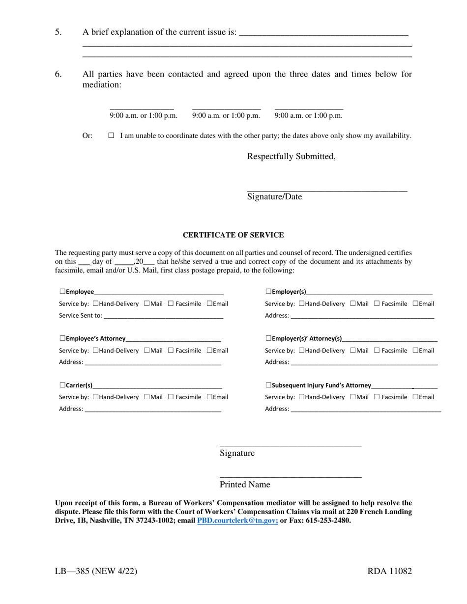 Form LB-385 Request to Resume Mediation - Tennessee, Page 2