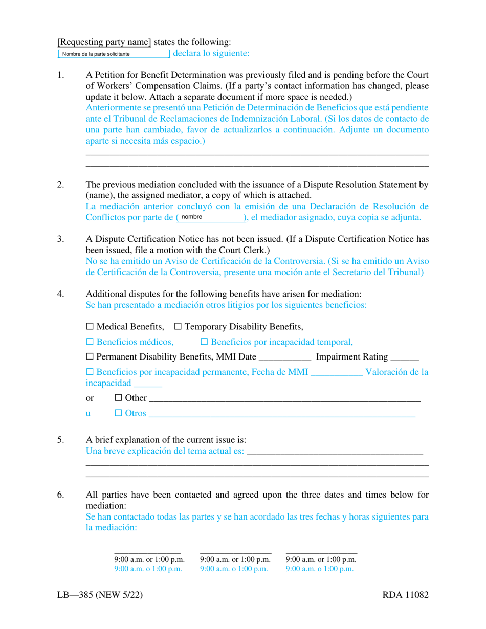 Form LB-385 Request to Resume Mediation - Tennessee (English / Spanish), Page 2