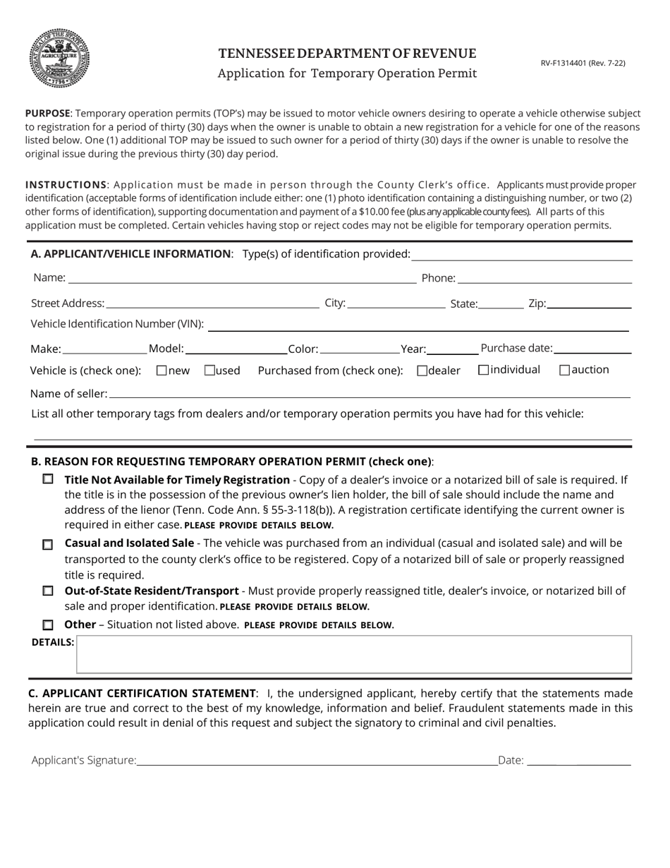 Form Rv F1314401 Download Fillable Pdf Or Fill Online Application For Temporary Operation Permit 7936