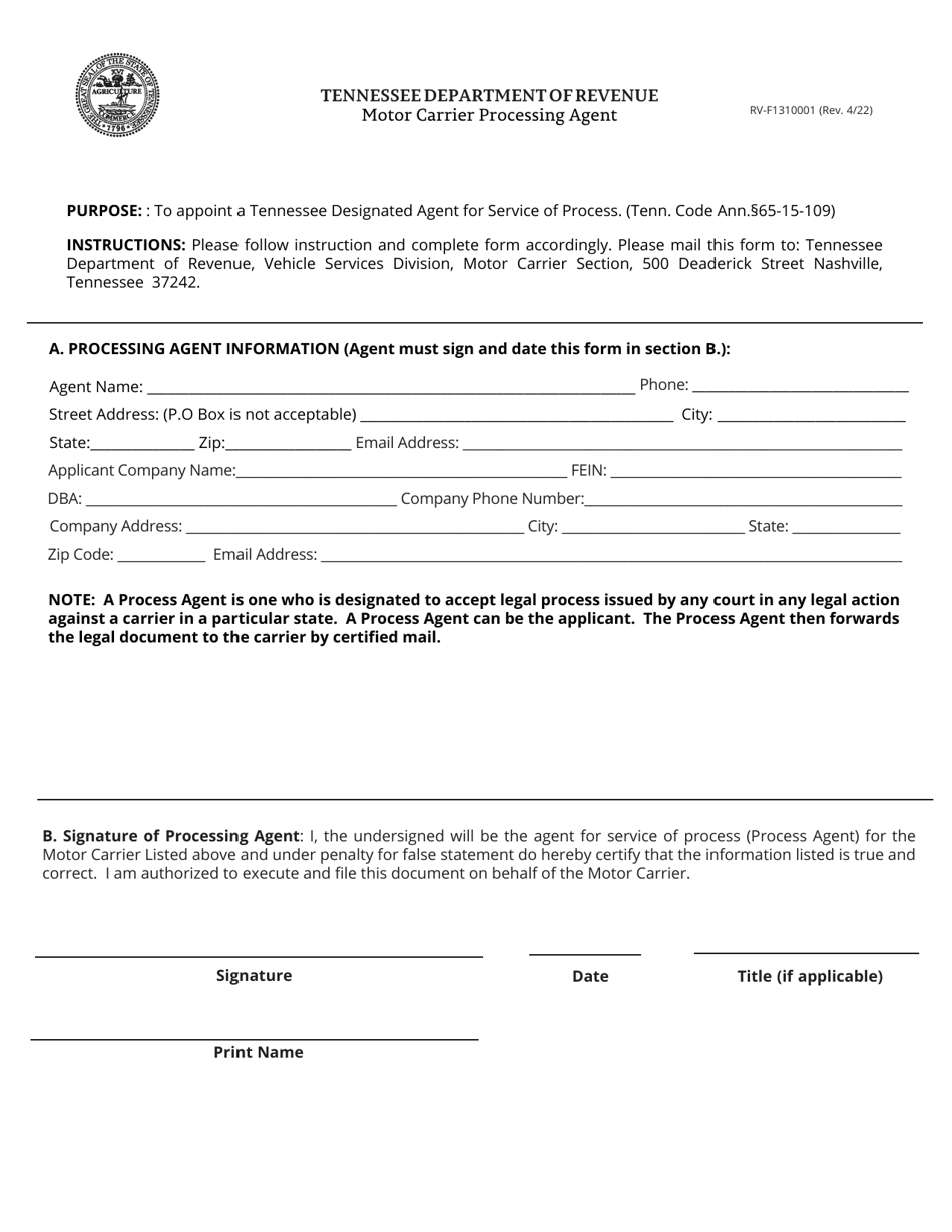 Form RV-F1310001 Motor Carrier Processing Agent - Tennessee, Page 1