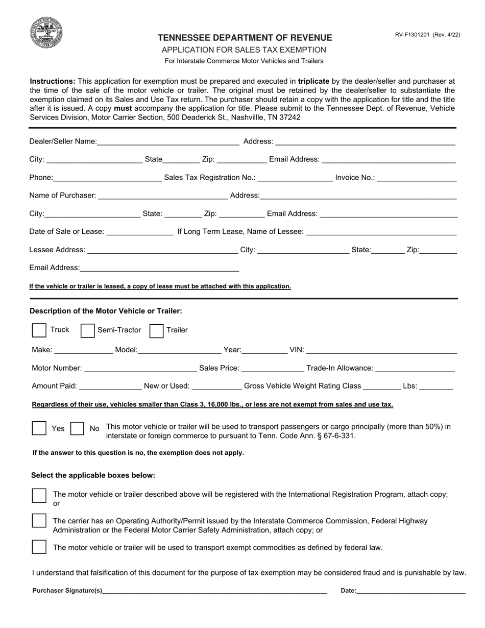 Form RV-F1301201 Application for Sales Tax Exemption for Interstate Commerce Motor Vehicles and Trailers - Tennessee, Page 1
