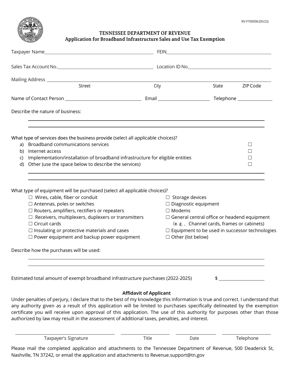 Form RV-F700006 Application for Broadband Infrastructure Sales and Use Tax Exemption - Tennessee, Page 1