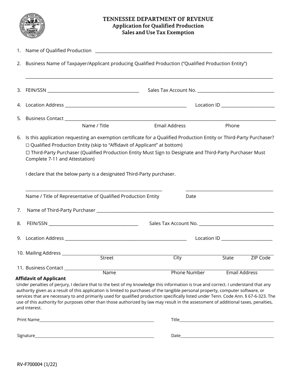 Form RV-F700004 Application for Qualified Production Sales and Use Tax Exemption - Tennessee, Page 1